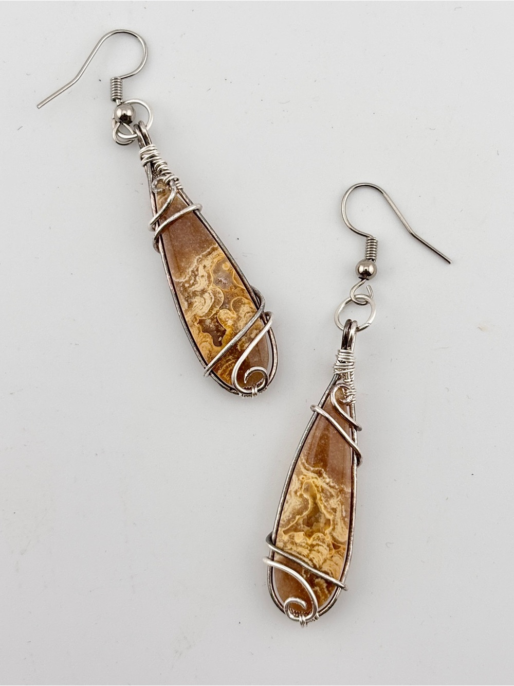HANDMADE Indonesian Lace Agate Silver Filled Wire Wrapped Dangle Earrings